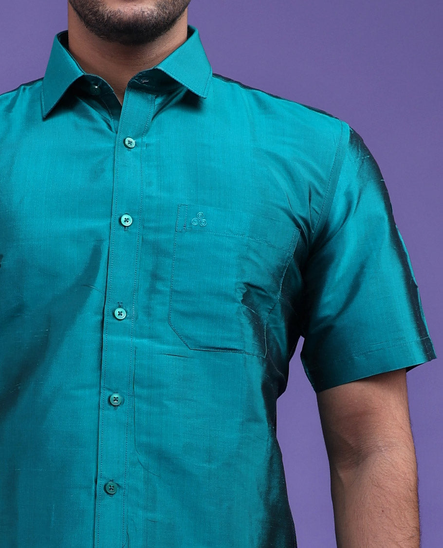 Peacock green plain design half-sleeve pure-silk shirt