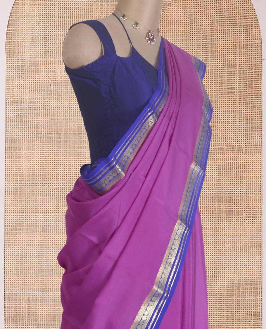 Rani pink plain Mysore silk saree, contrast traditional zari border, and zari striped pallu