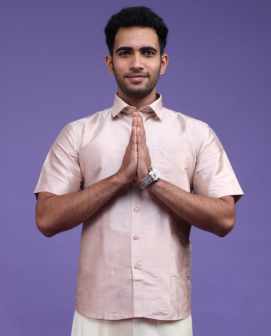 Cream pure-silk plain design short-sleeve shirt