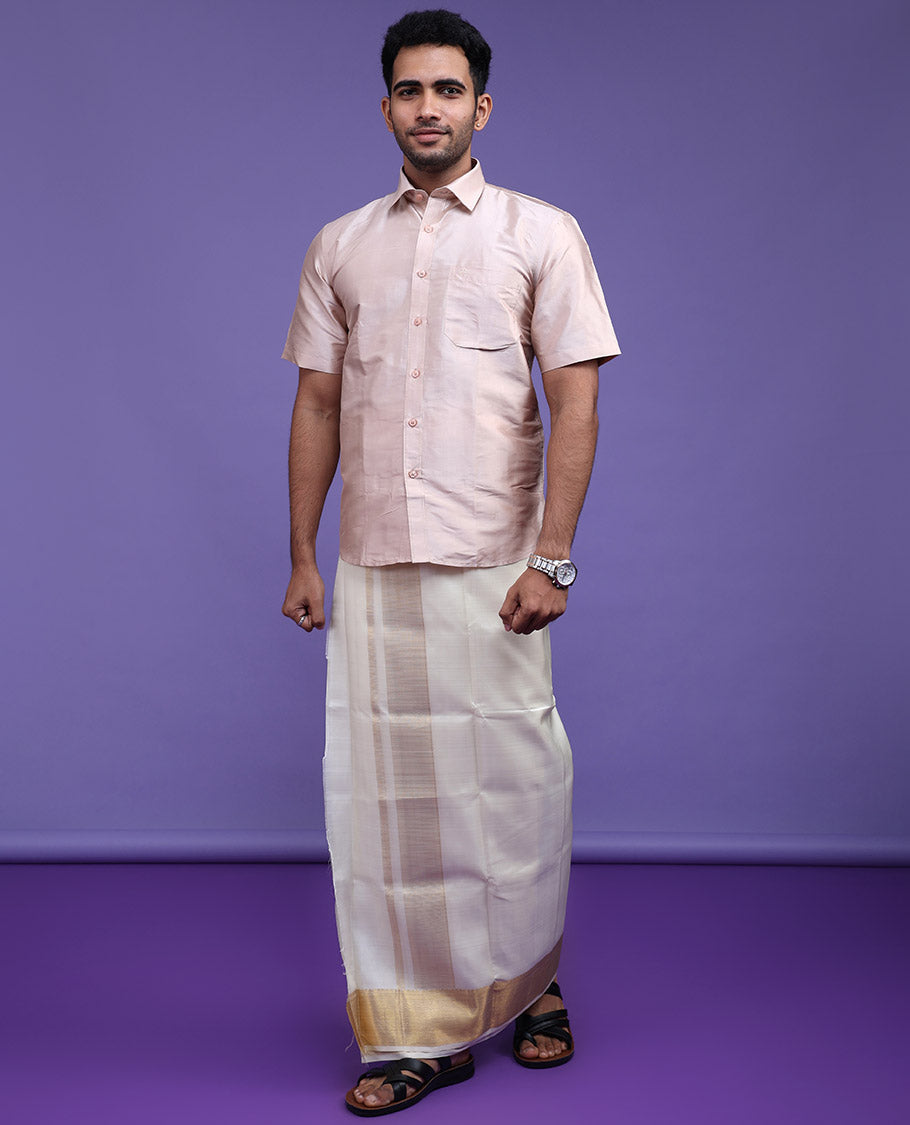 Cream pure-silk plain design short-sleeve shirt
