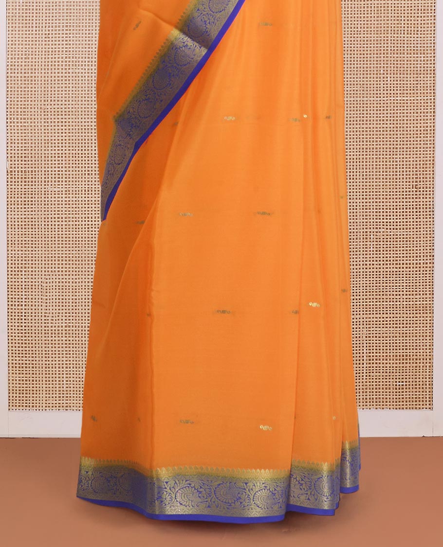 Orange zari buttas Mysore silk saree, contrast traditional zari floral creeper border, and zari striped pallu