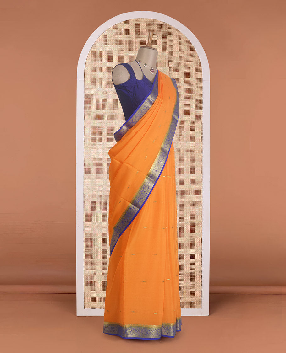 Orange zari buttas Mysore silk saree, contrast traditional zari floral creeper border, and zari striped pallu