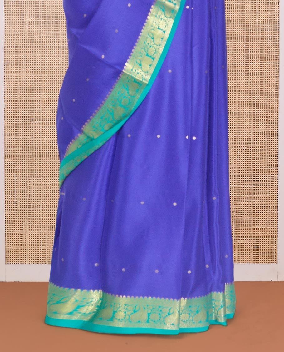 Royal blue zari buttas Mysore silk saree, contrast traditional zari design border, and intricate design pallu