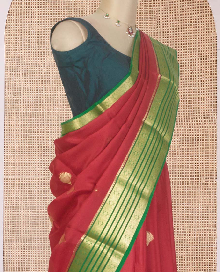 Maroon shell buttas Mysore silk saree, contrast traditional zari design border, and intricate pallu