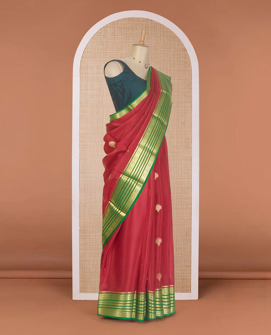 Maroon shell buttas Mysore silk saree, contrast traditional zari design border, and intricate pallu