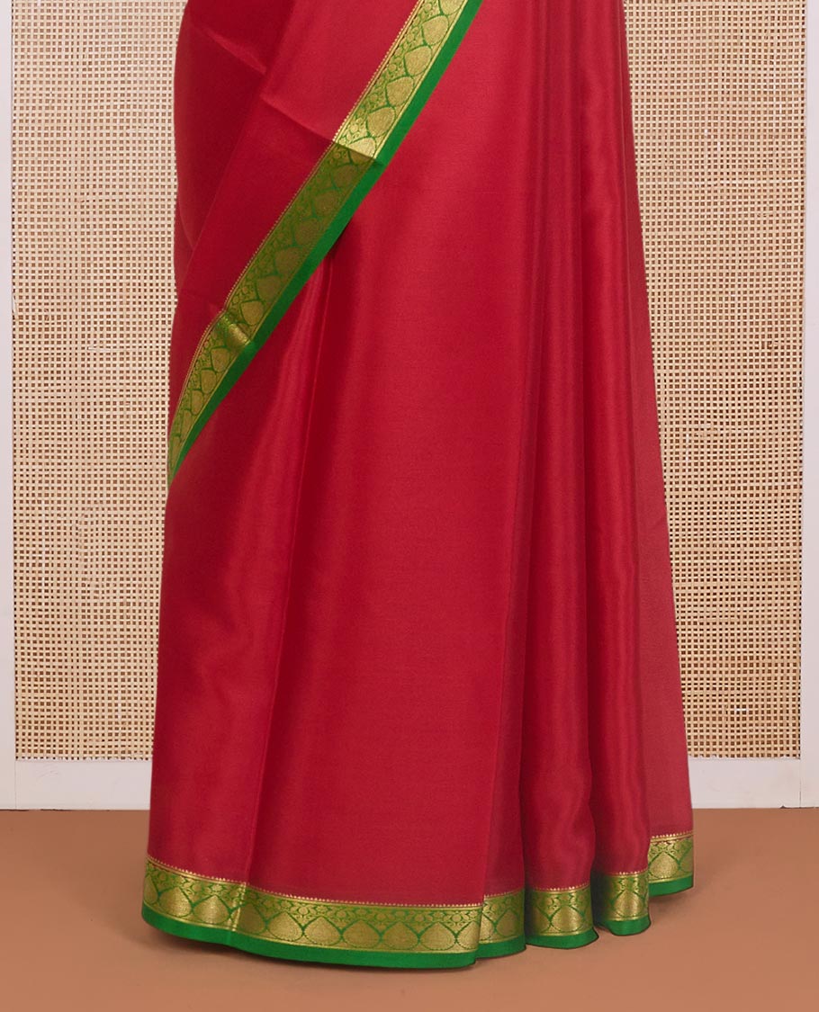 Cherry red plain Mysore silk saree, contrast zari design border, and zari striped pallu