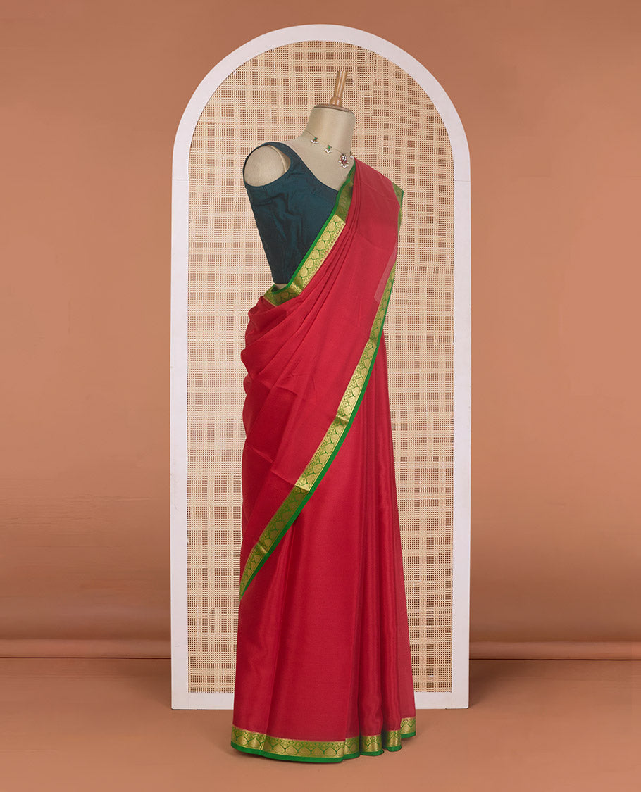 Cherry red plain Mysore silk saree, contrast zari design border, and zari striped pallu