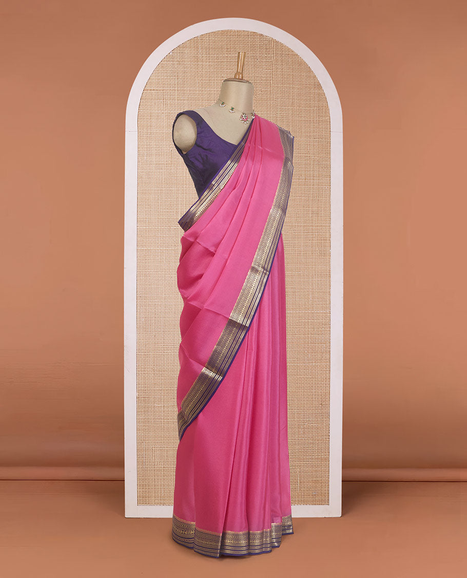 Pink plain Mysore silk saree, contrast traditional zari design steeped border, and zari striped pallu