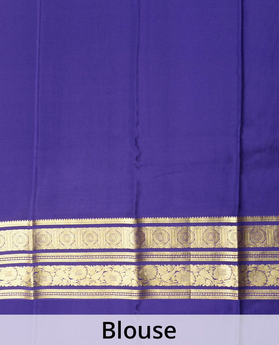 Navy blue plain Mysore silk saree, traditional zari design steeped border, and zari striped pallu