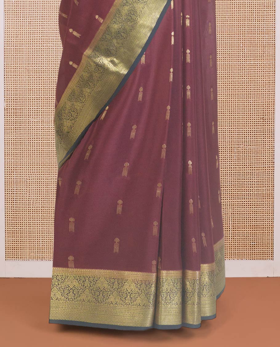 Maroon zari buttas Mysore silk saree, contrast traditional zari design border, and intricate pallu