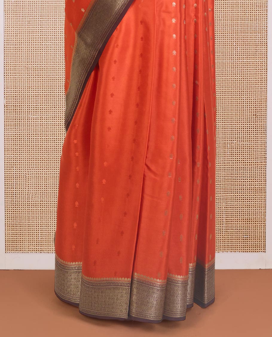 Orange zari buttas Mysore silk saree, contrast traditional zari design border, and jaal pallu