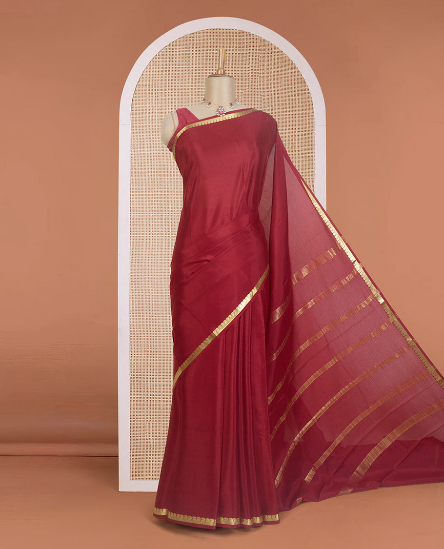 Maroon plain Mysore silk saree, paisley zari design border, and zari striped pallu