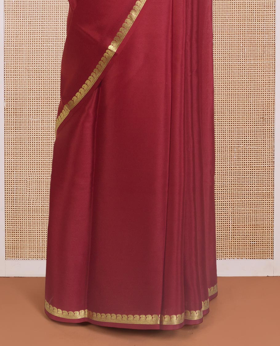 Maroon plain Mysore silk saree, paisley zari design border, and zari striped pallu