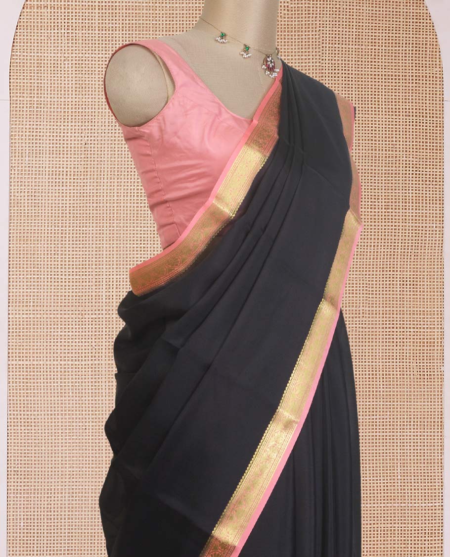 Black plain design Mysore silk saree, contrast traditional zari design border, and zari striped pallu