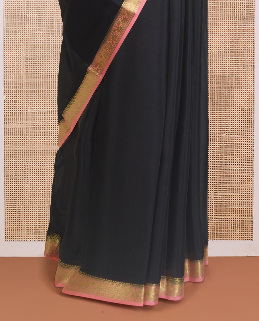 Black plain design Mysore silk saree, contrast traditional zari design border, and zari striped pallu