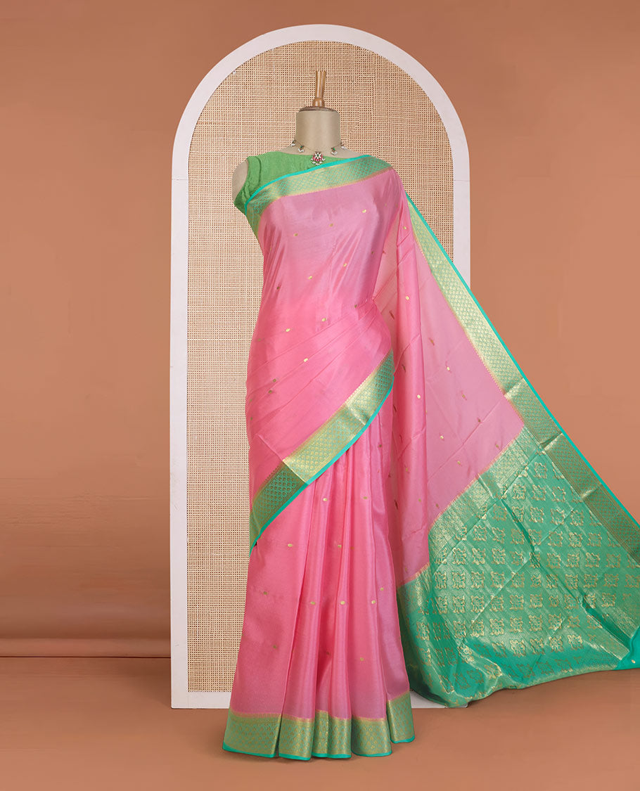 Pink zari buttas Mysore silk saree, contrast jaal zari design border, and intricate zari woven pallu