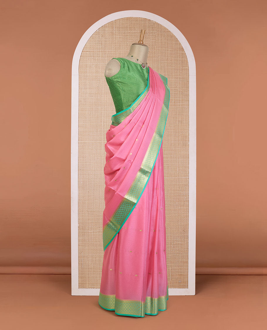 Pink zari buttas Mysore silk saree, contrast jaal zari design border, and intricate zari woven pallu
