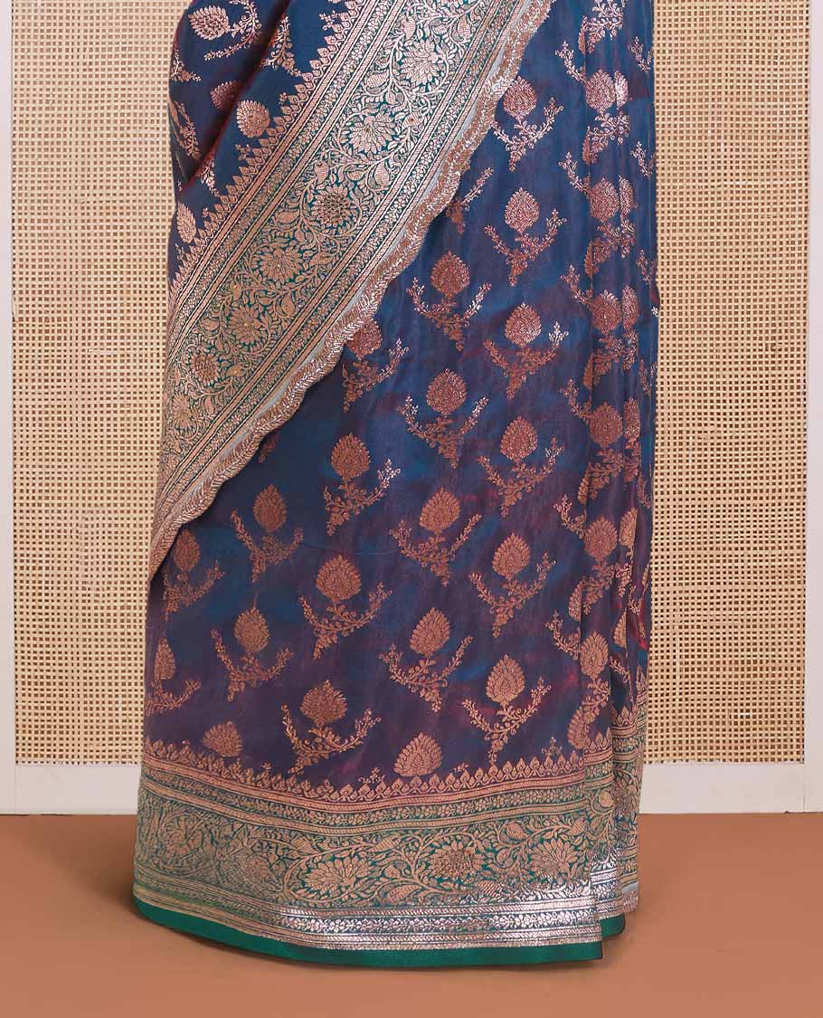 Blue zari buttas with micro stonework banaras nylon silk saree, contrast traditional zari and stonework border, and zari woven pallu with stone work