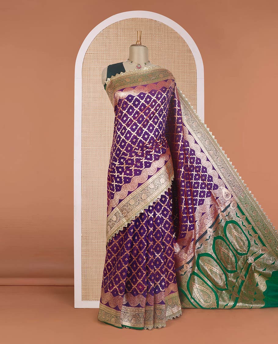 Purple jaal jacquard with micro stonework banaras nylon silk saree, contrast traditional zari and stonework border, and intricately zari woven pallu