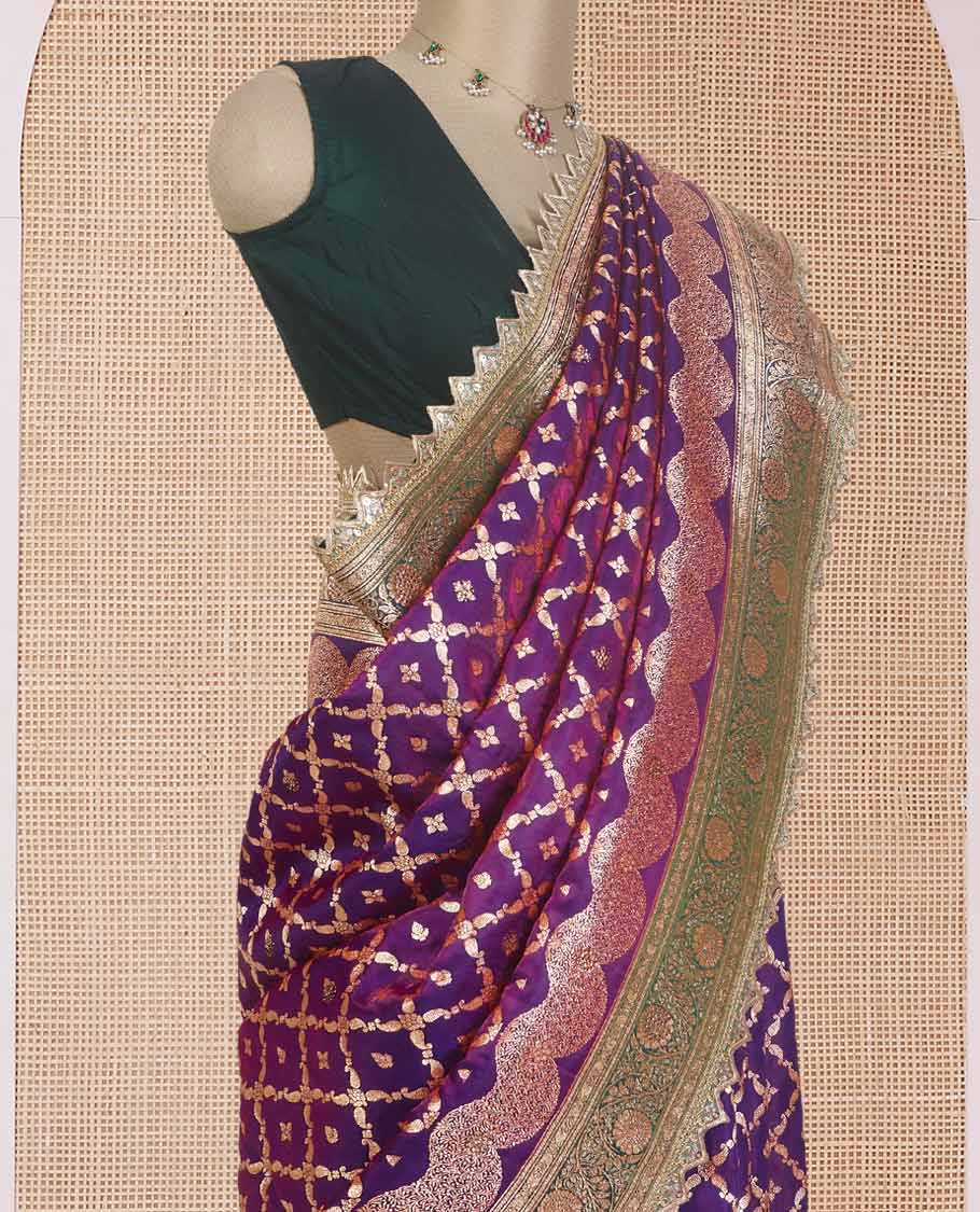 Purple jaal jacquard with micro stonework banaras nylon silk saree, contrast traditional zari and stonework border, and intricately zari woven pallu