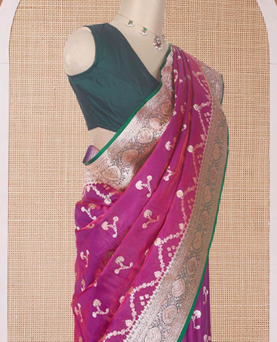 Purple floral buttas with stonework banaras nylon silk saree, contrast traditional zari and micro stone work border, and intricate pallu with stone work