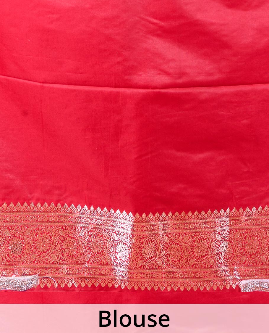 Orange zari buttas with micro stonework banaras nylon silk saree, contrast traditional zari and stonework border, and zari woven pallu with stone work