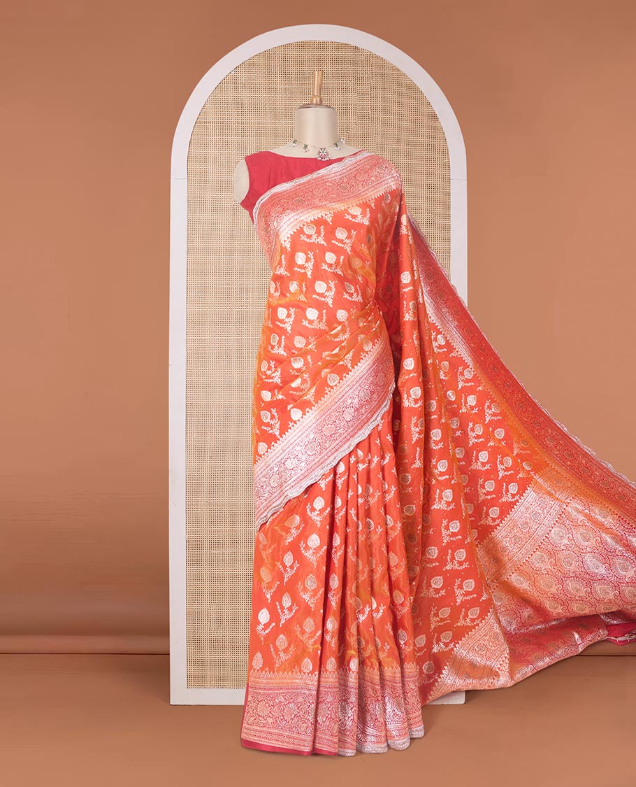 Orange zari buttas with micro stonework banaras nylon silk saree, contrast traditional zari and stonework border, and zari woven pallu with stone work