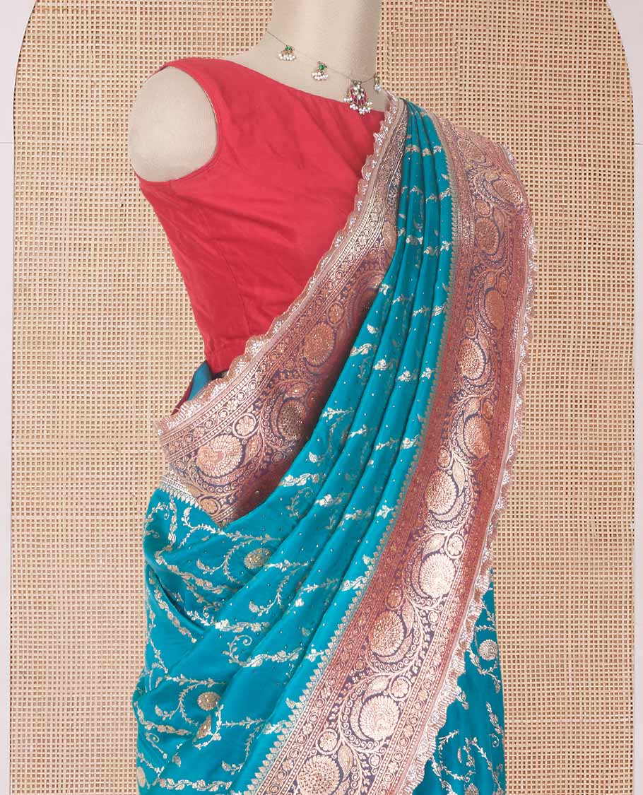 Persian green jacquard with micro stonework banaras nylon silk saree, contrast floral creeper zari and stone work border, and intricately zari woven pallu