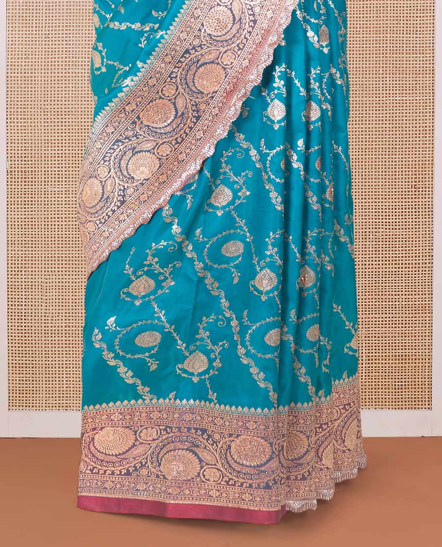 Persian green jacquard with micro stonework banaras nylon silk saree, contrast floral creeper zari and stone work border, and intricately zari woven pallu