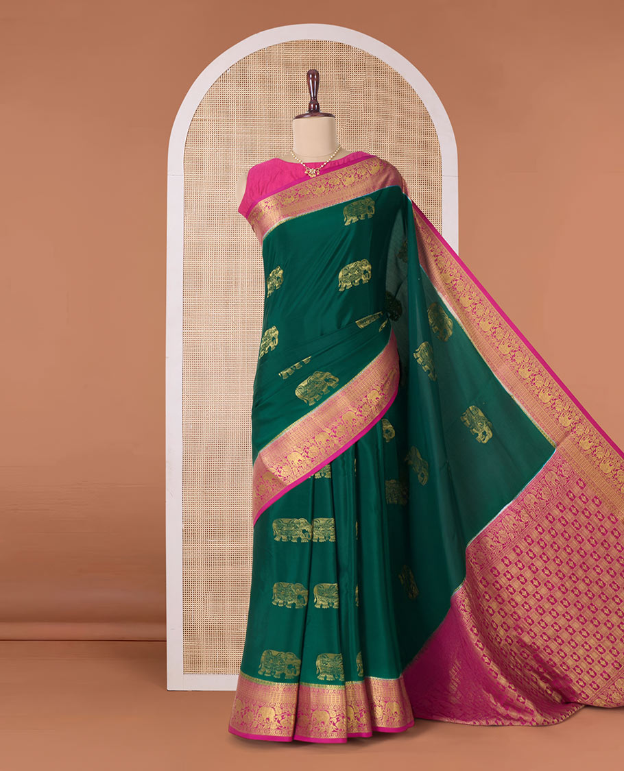 Green elephant motifs zari woven Mysore silk saree, contrast traditional zari border, and pallu of buttas and thick zari checks