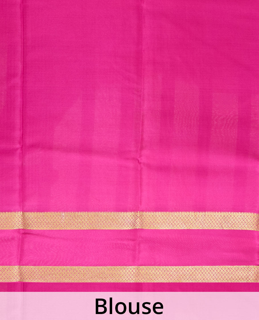 Blue zari checked Mysore silk saree, contrast rettai pettu peacock eye zari border, and pallu of zari stripes