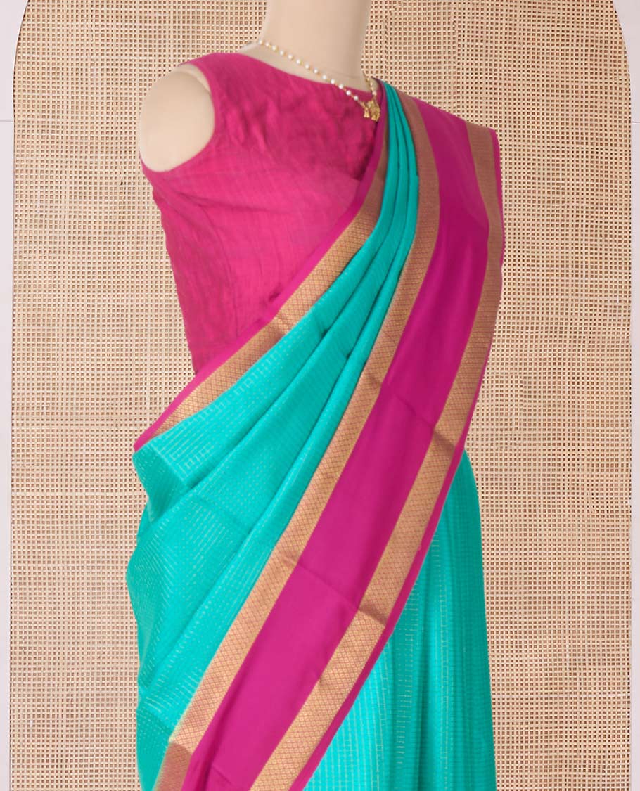 Blue zari checked Mysore silk saree, contrast rettai pettu peacock eye zari border, and pallu of zari stripes