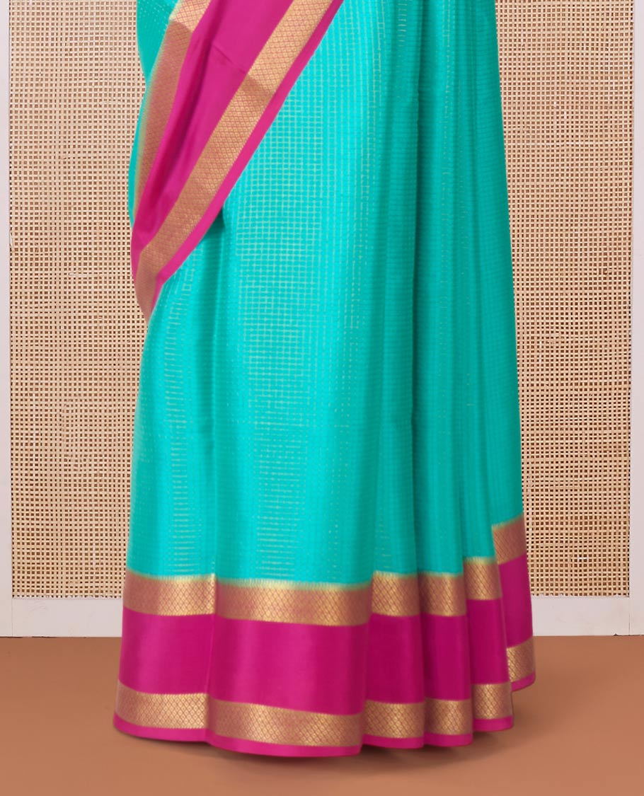 Blue zari checked Mysore silk saree, contrast rettai pettu peacock eye zari border, and pallu of zari stripes