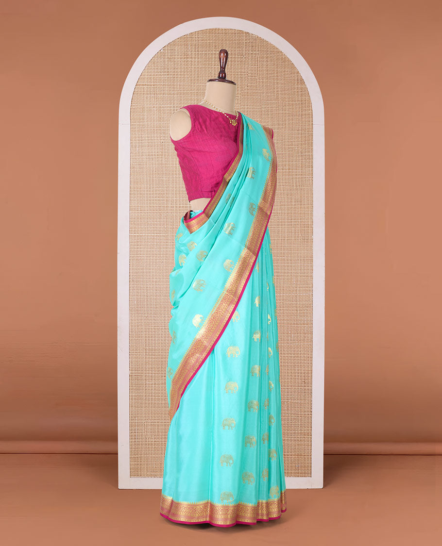 Blue zari elephant motifs woven Mysore silk saree, contrast traditional zari border and pallu of zari-rich paisley designs