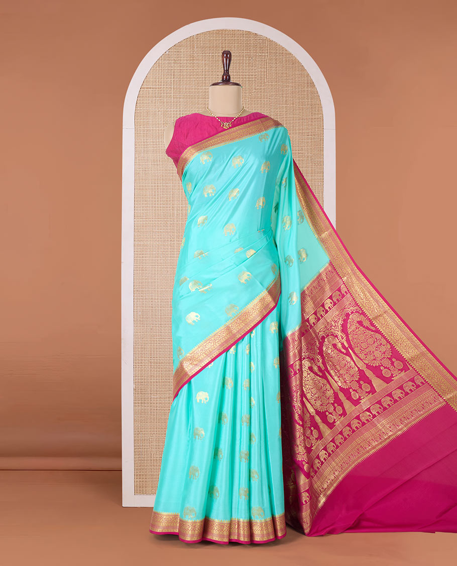 Blue zari elephant motifs woven Mysore silk saree, contrast traditional zari border and pallu of zari-rich paisley designs