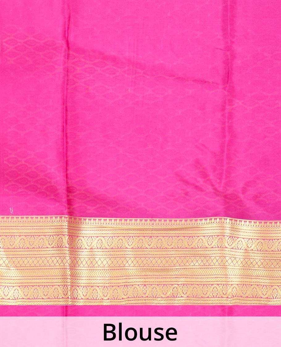 Pink zari buttas Mysore silk saree, traditional zari border, and pallu of jaal designs