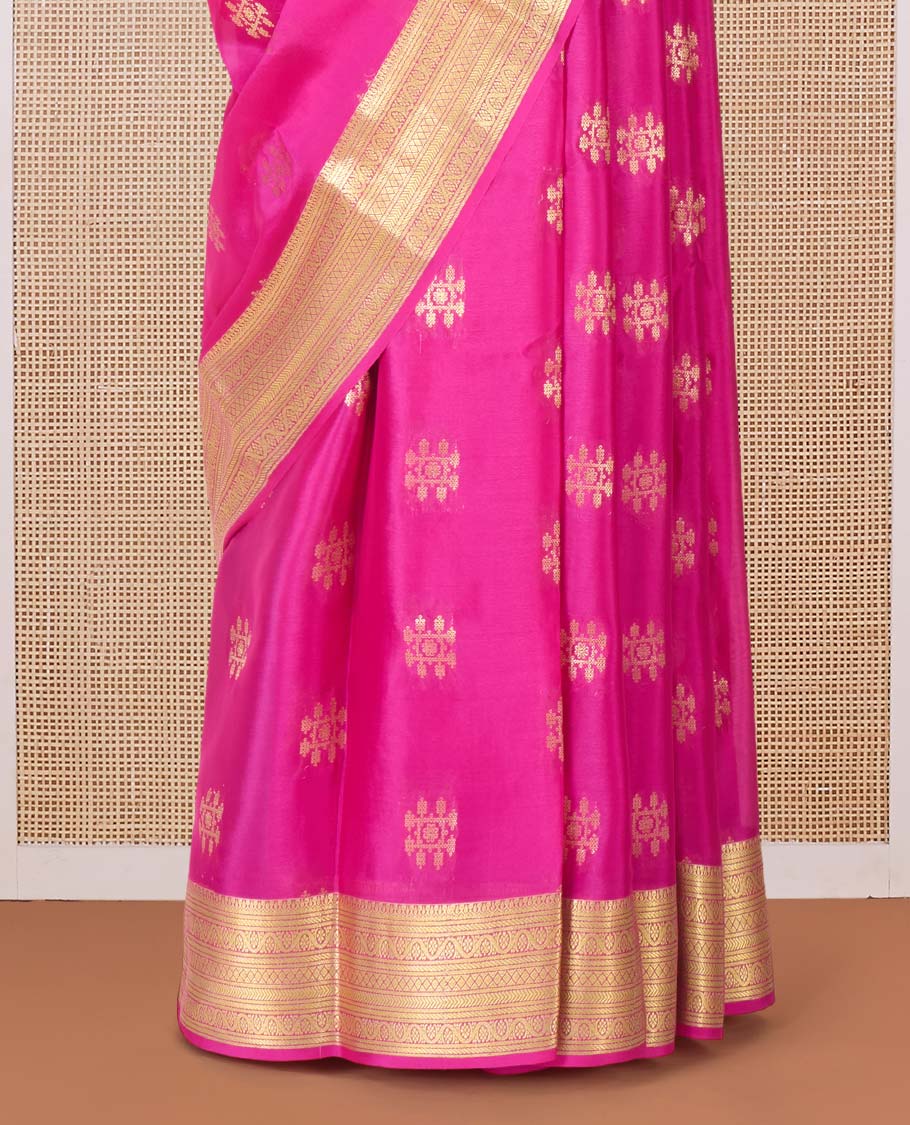 Pink zari buttas Mysore silk saree, traditional zari border, and pallu of jaal designs
