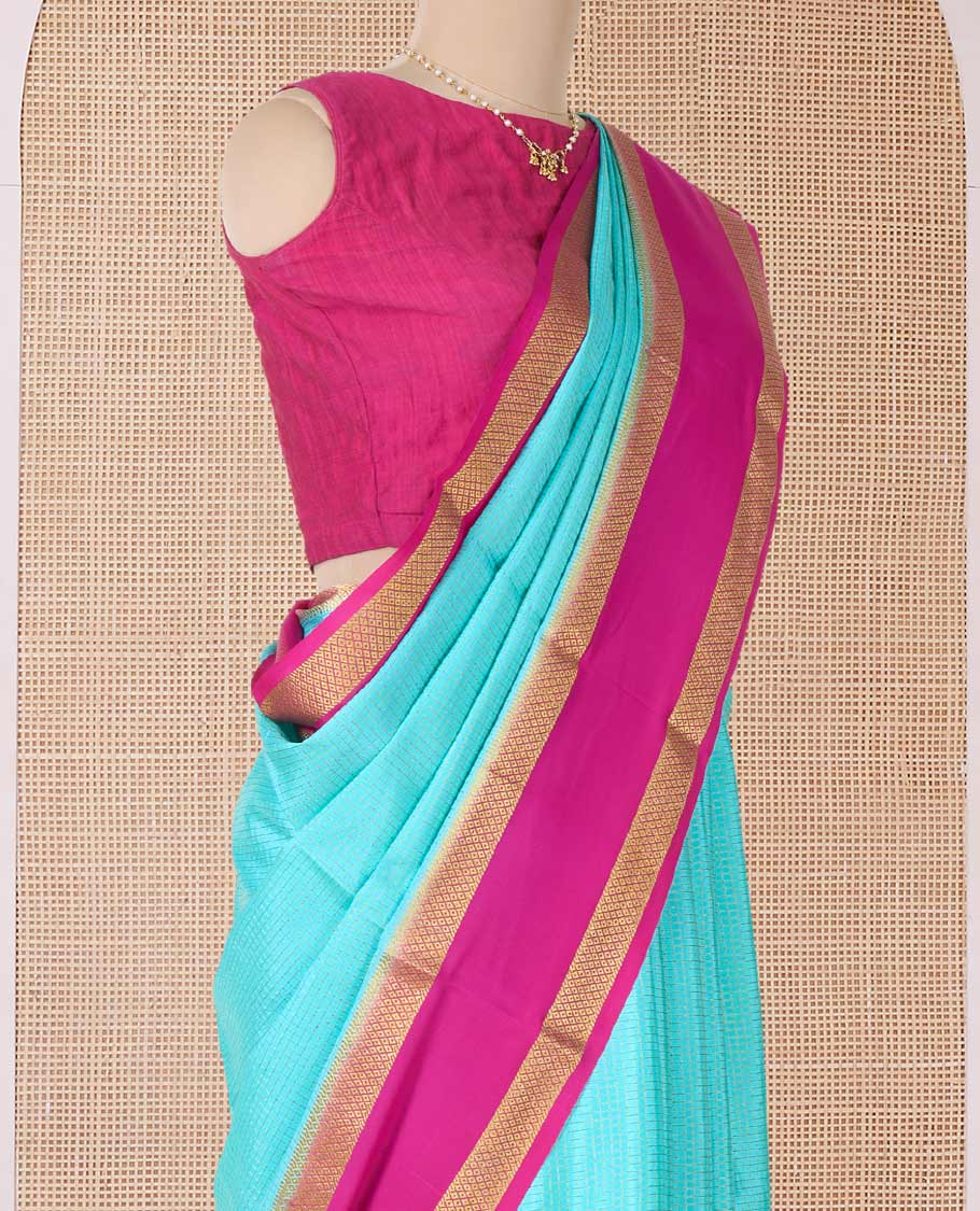 Blue zari checked Mysore silk saree, contrast rettai pettu peacock eye zari border, and pallu of zari stripes