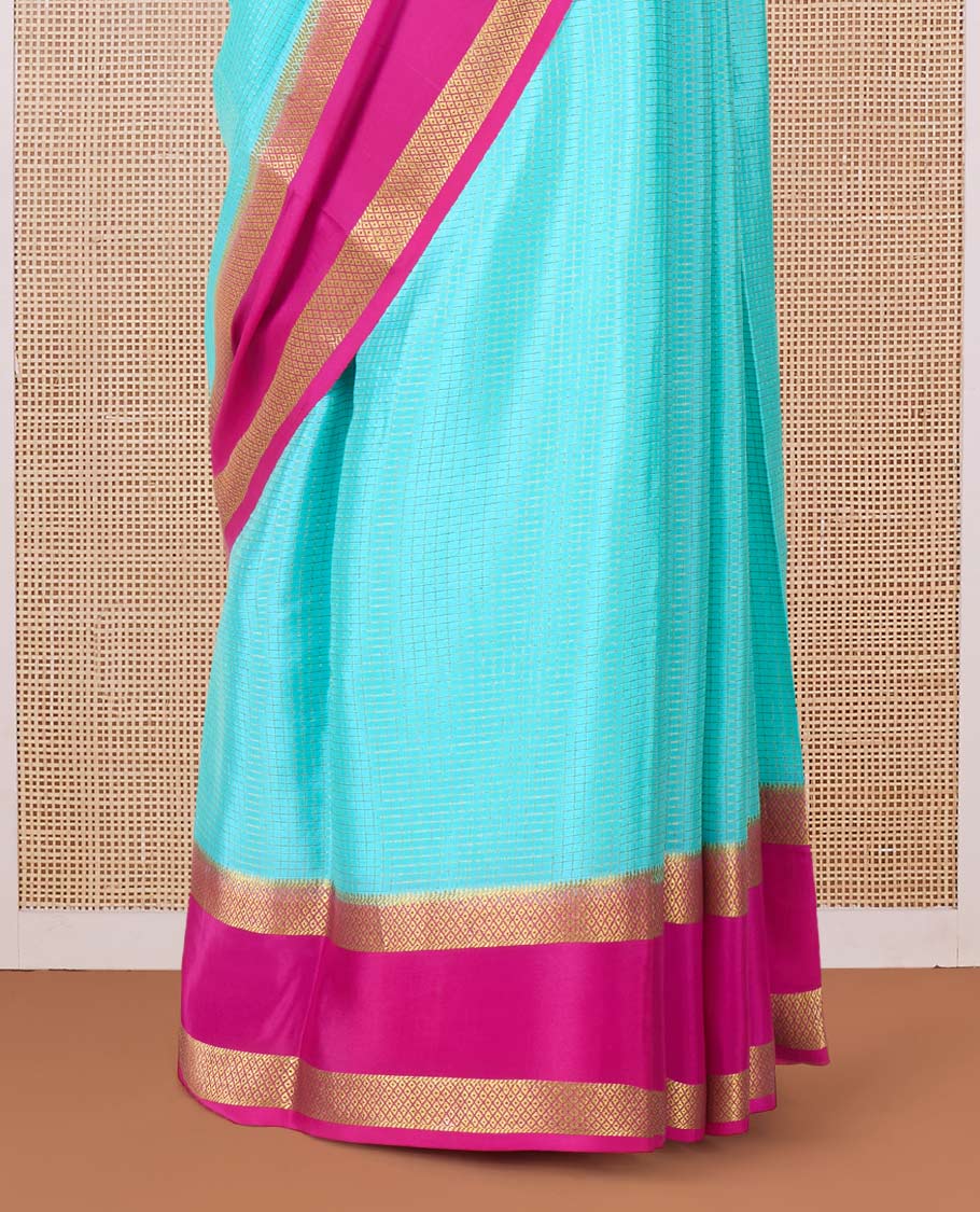 Blue zari checked Mysore silk saree, contrast rettai pettu peacock eye zari border, and pallu of zari stripes