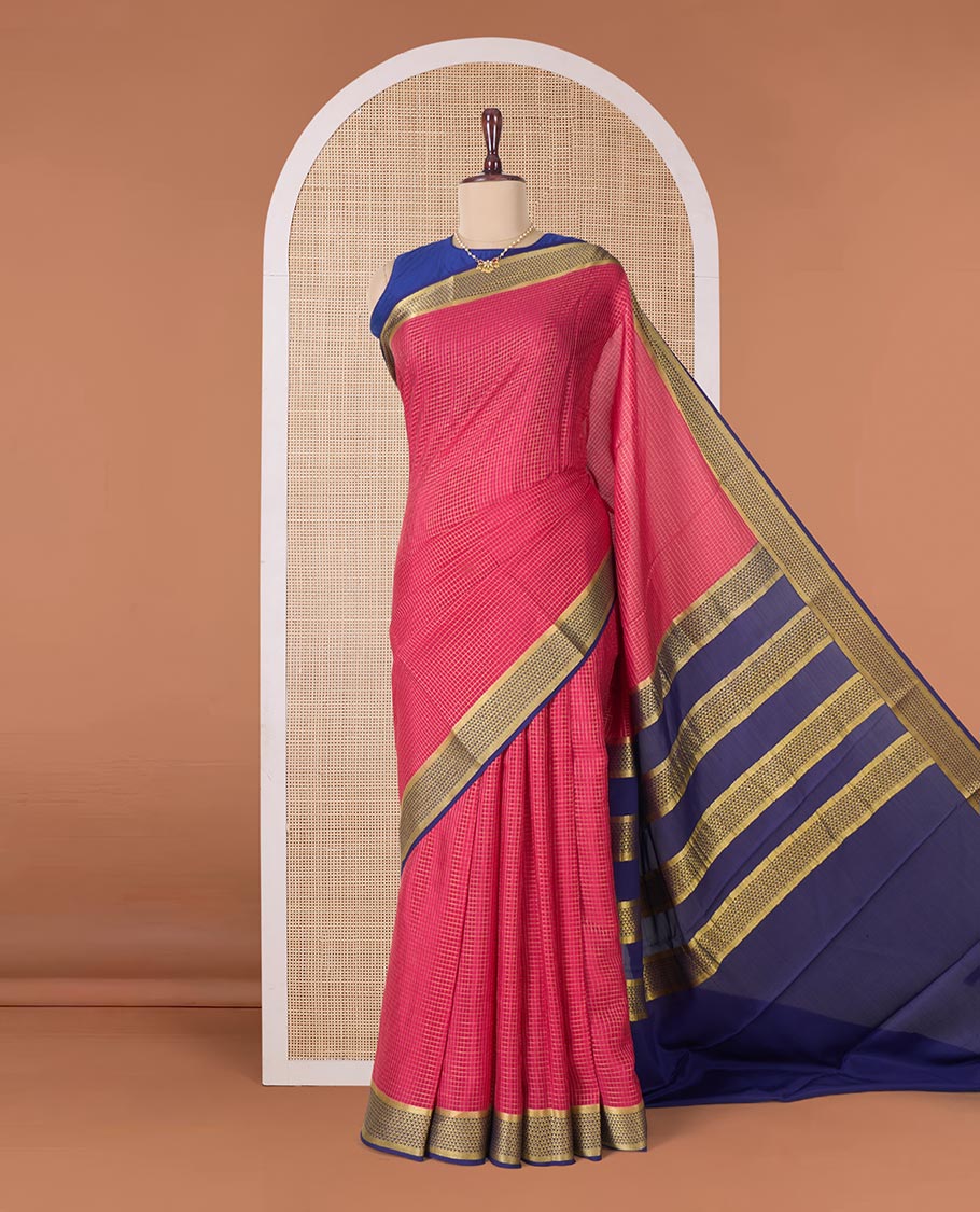Red zari checked Mysore silk saree, contrast traditional zari border of jaal designs, and traditional zari pallu