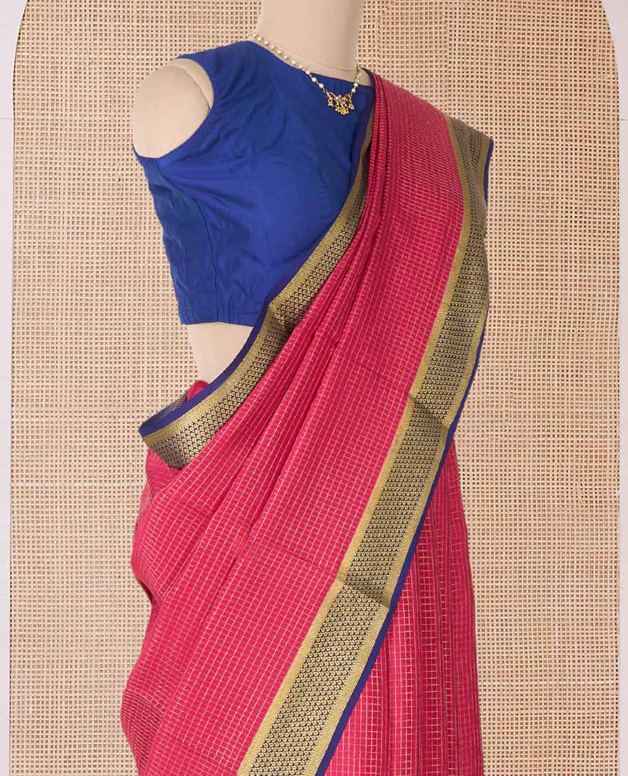 Red zari checked Mysore silk saree, contrast traditional zari border of jaal designs, and traditional zari pallu