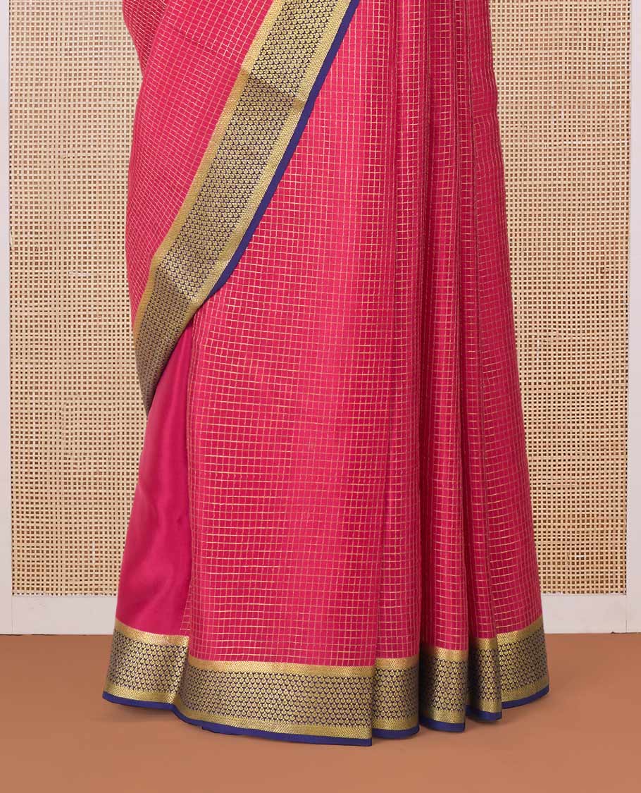 Red zari checked Mysore silk saree, contrast traditional zari border of jaal designs, and traditional zari pallu