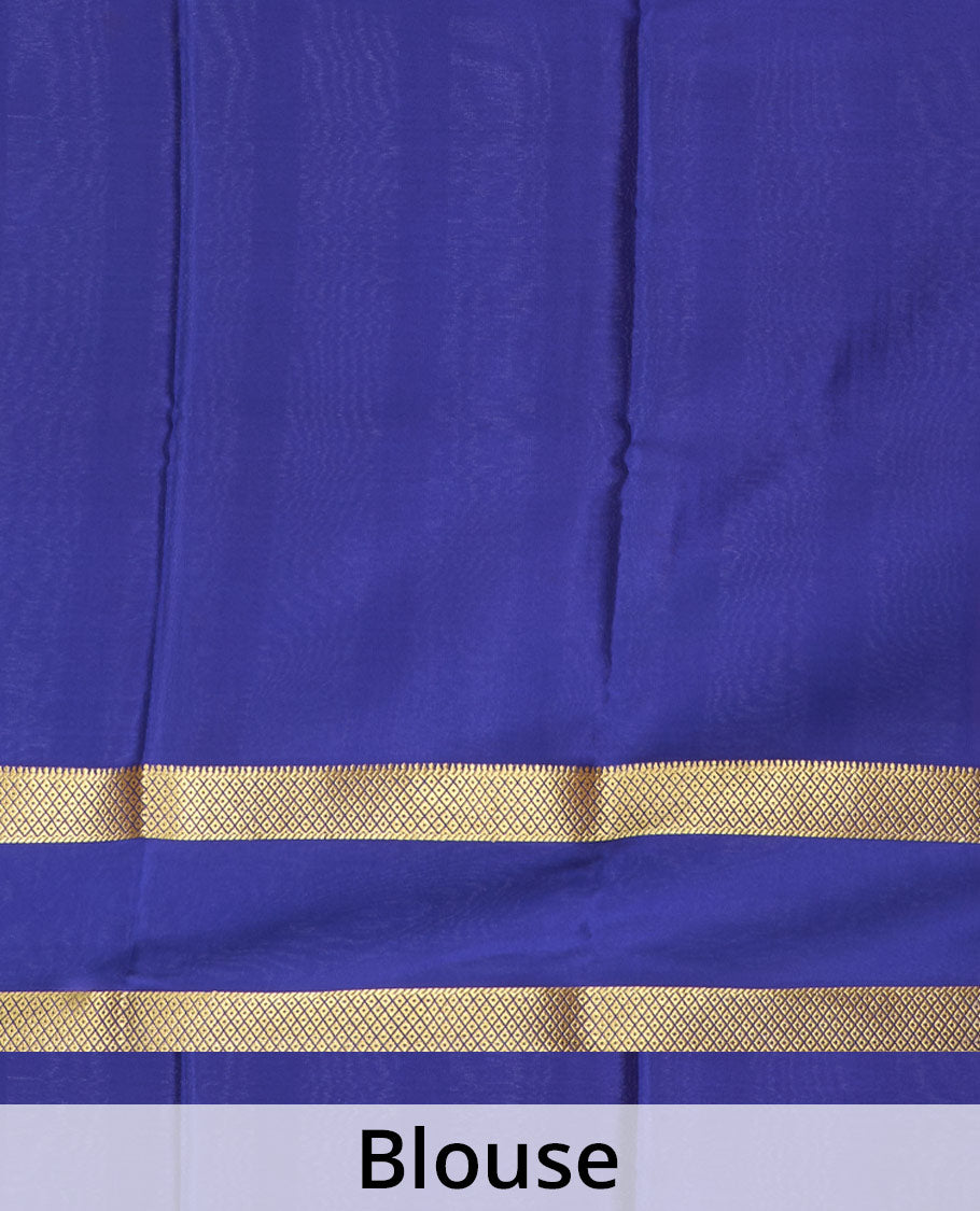 Peach zari checked Mysore silk saree, contrast rettai pettu peacock eye zari border, and pallu of zari stripes