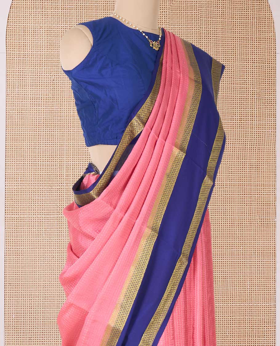 Peach zari checked Mysore silk saree, contrast rettai pettu peacock eye zari border, and pallu of zari stripes