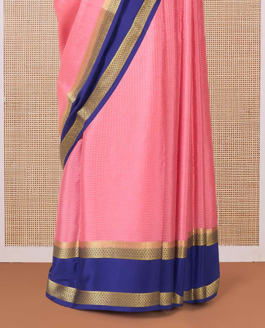 Peach zari checked Mysore silk saree, contrast rettai pettu peacock eye zari border, and pallu of zari stripes