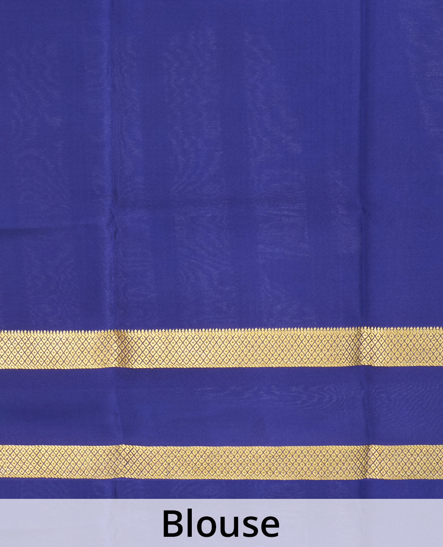 Green zari checked Mysore silk saree, contrast rettai pettu peacock eye zari border, and pallu of zari stripes