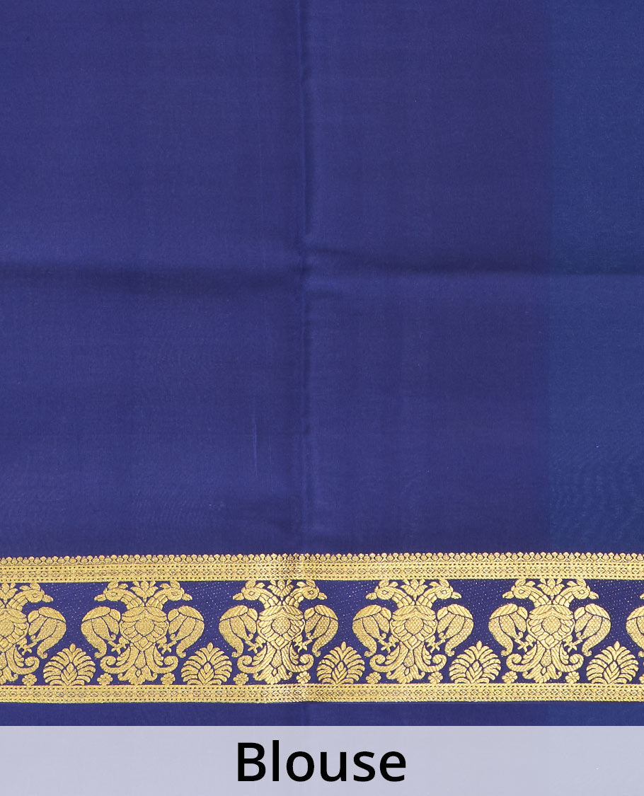 Blue plain Mysore silk saree, contrast two-headed eagle border, and pallu of traditional designs