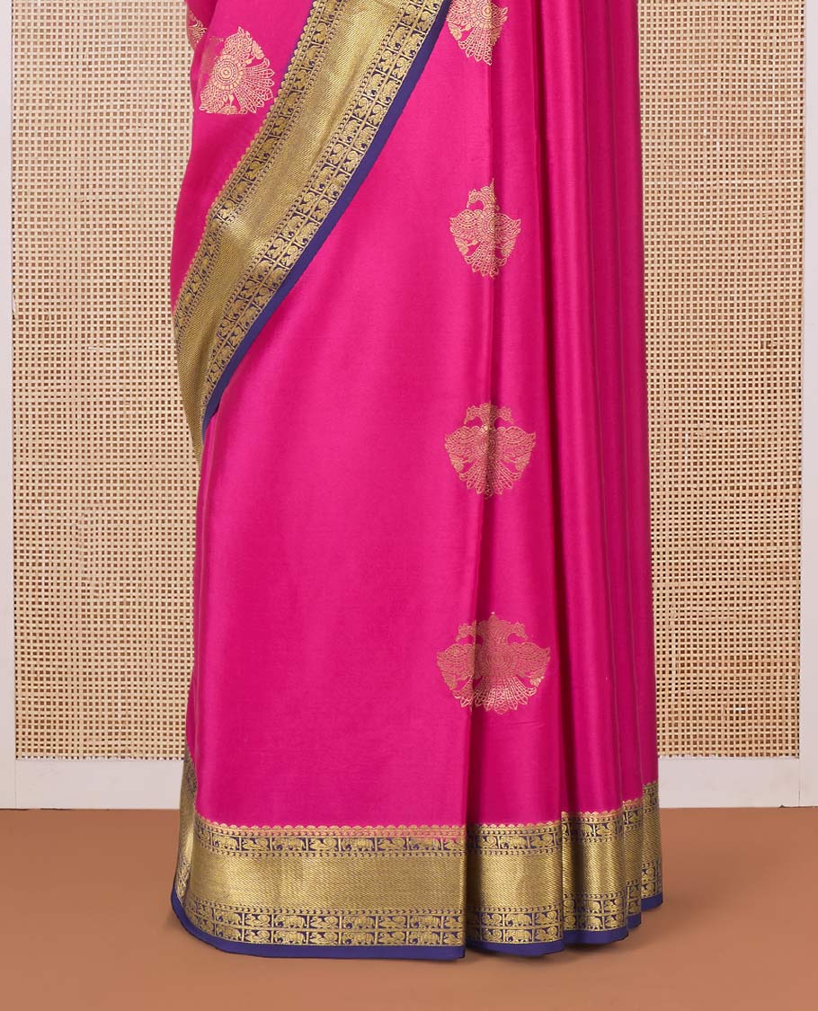 Pink two-headed eagle motifs zari woven Mysore silk saree, contrast traditional zari border, and pallu of thick zari designs