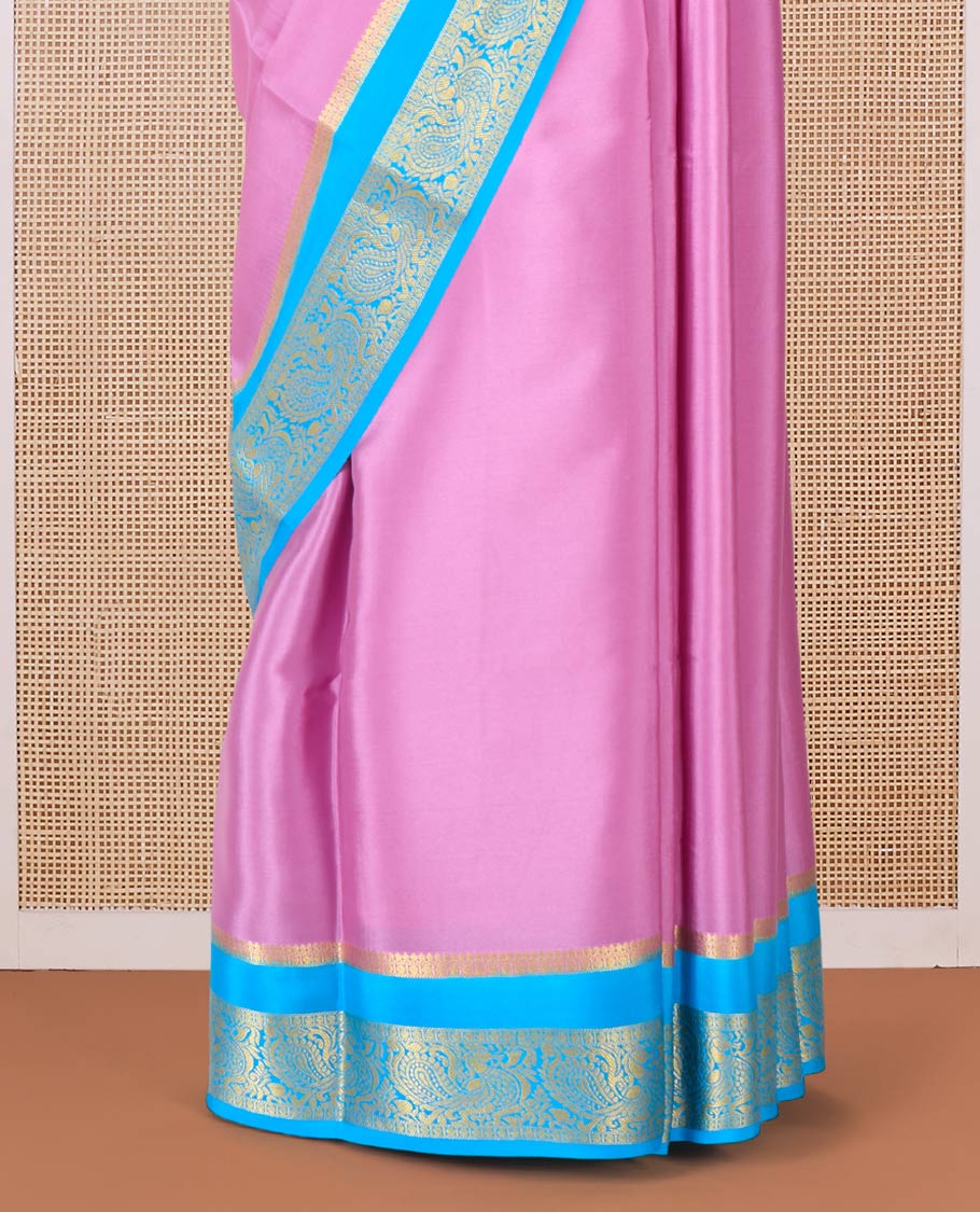Purple plain Mysore silk saree, contrast rettai pettu peacock motifs zari border, and pallu of jaal design