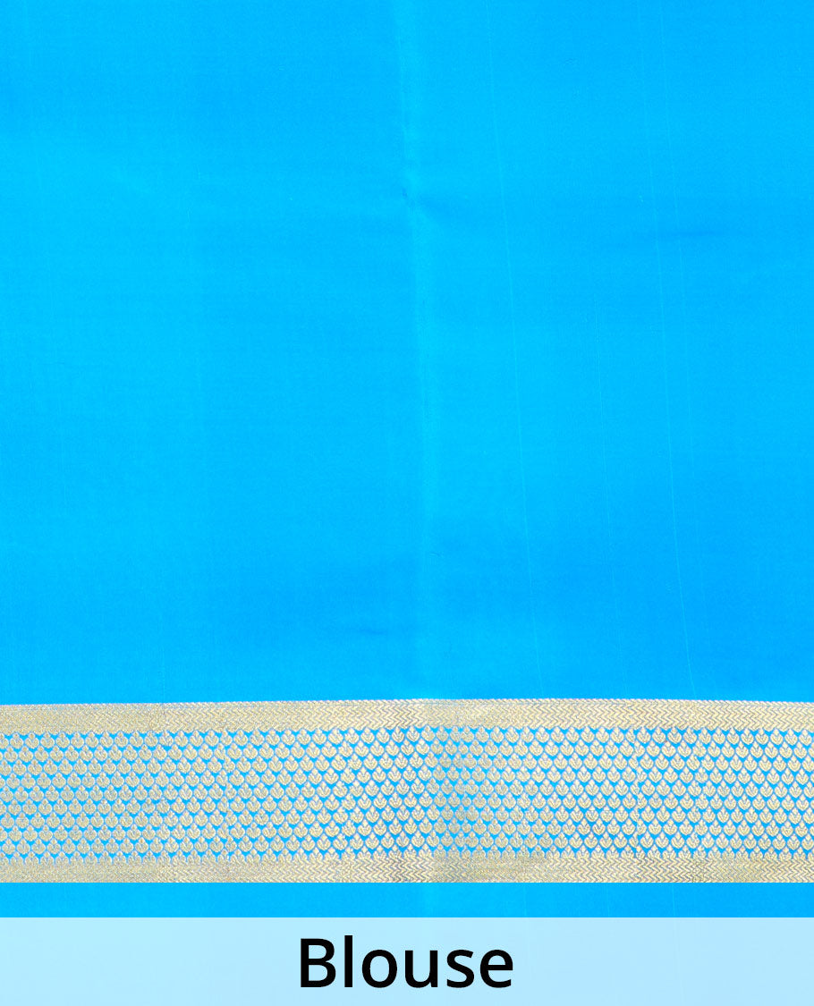 Blue zari checked Mysore silk saree, contrast jaal zari border, and zari striped pallu